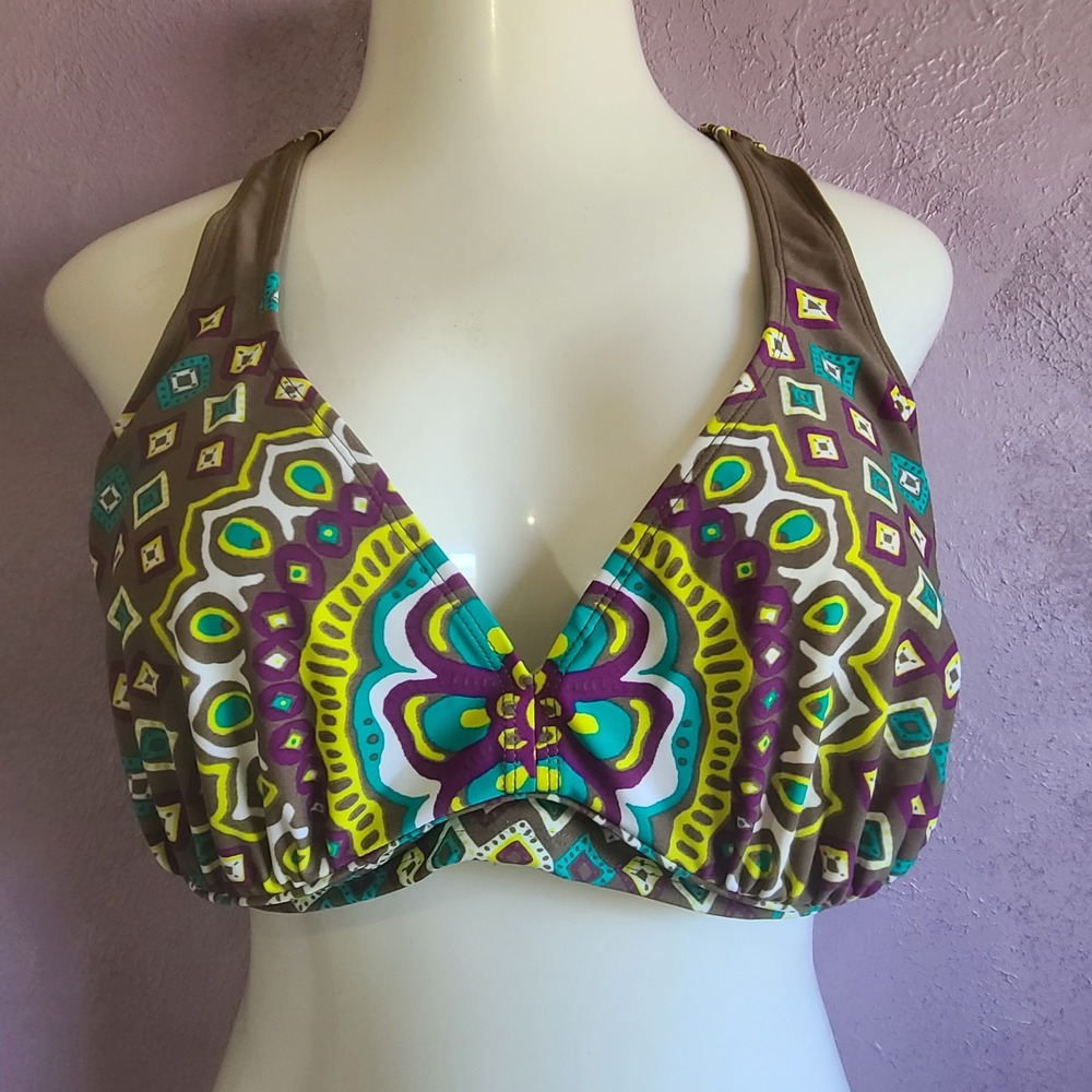 Athleta Bikini Top Women Large Olive Green Geometric Underwire Racerback 906293